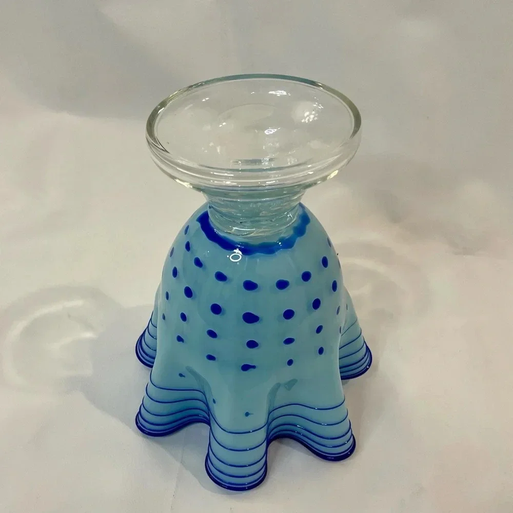 Blue Polka Dot & Stripped Blown Glass Fluted Ruffle Vase Handmade Unique